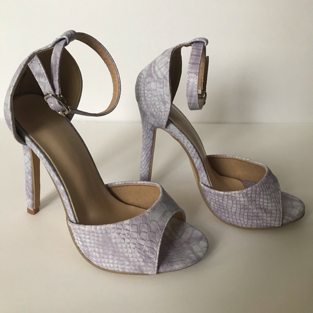 Shien purple snake skin ankle strap heels